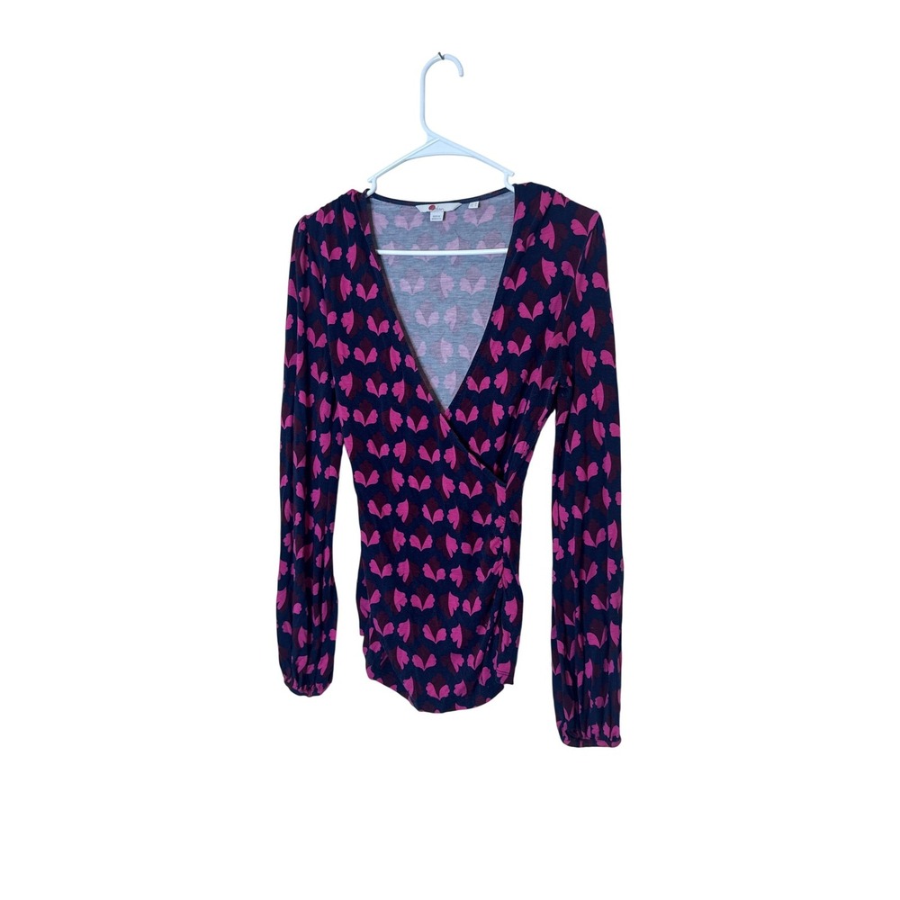 Boden Blouse Womens 4 Blue Pink Floral V Neck Jersey Wrap Top Long Sleeve Ruched